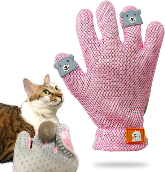 Pet Grooming Glove – Gentle Deshedding Brush for Cats & Dogs, Hair Remover & Massage Mitt, Five-Finger Design, Right Hand (Pink)