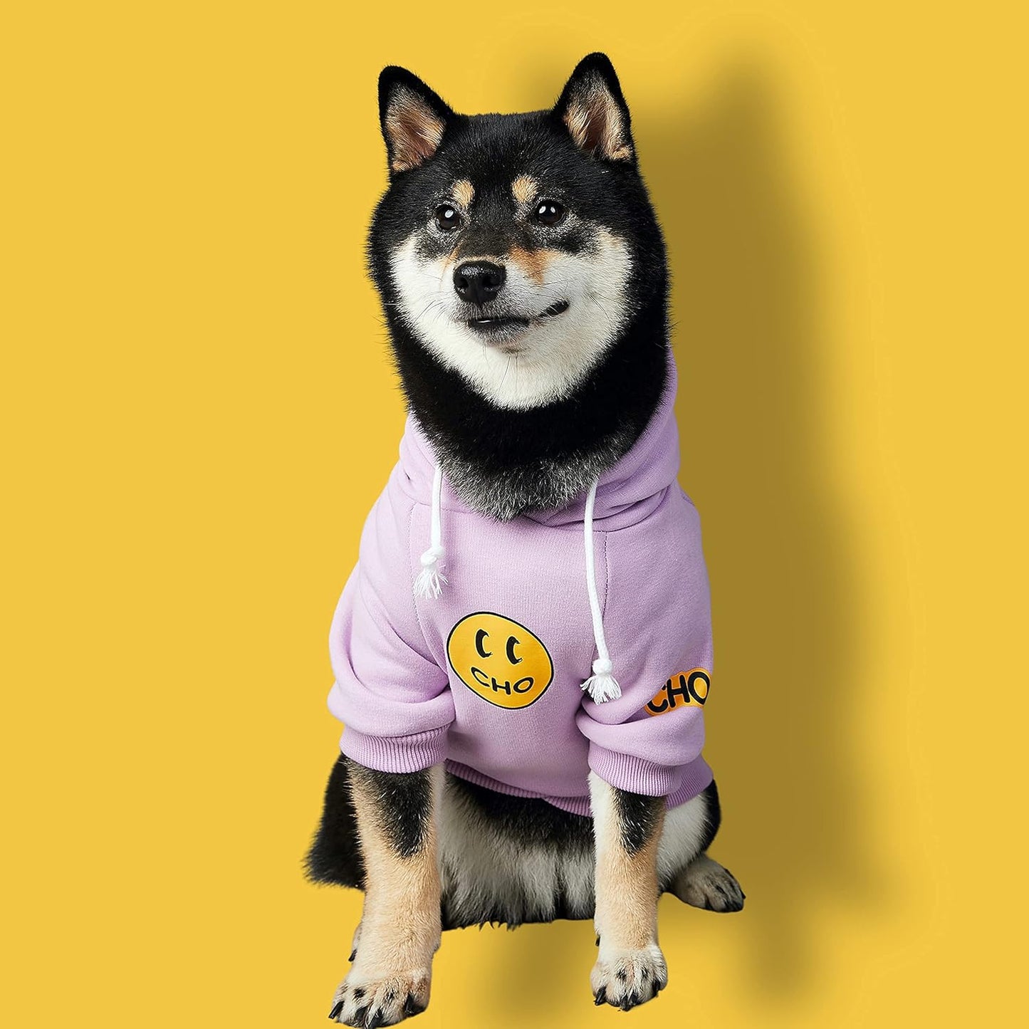 Smiley Face Dog Hoodie – Warm Cotton Sweatshirt with Velvet Lining for Small, Medium & Large Dogs – Leash Hole, Street Style Pet Outfit (Purple, M)