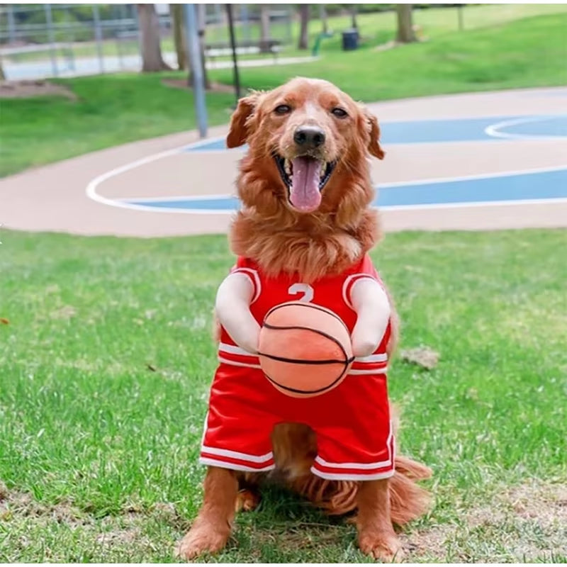 Dog Basketball Player Costume with Ball – Funny Pet T-Shirt Outfit