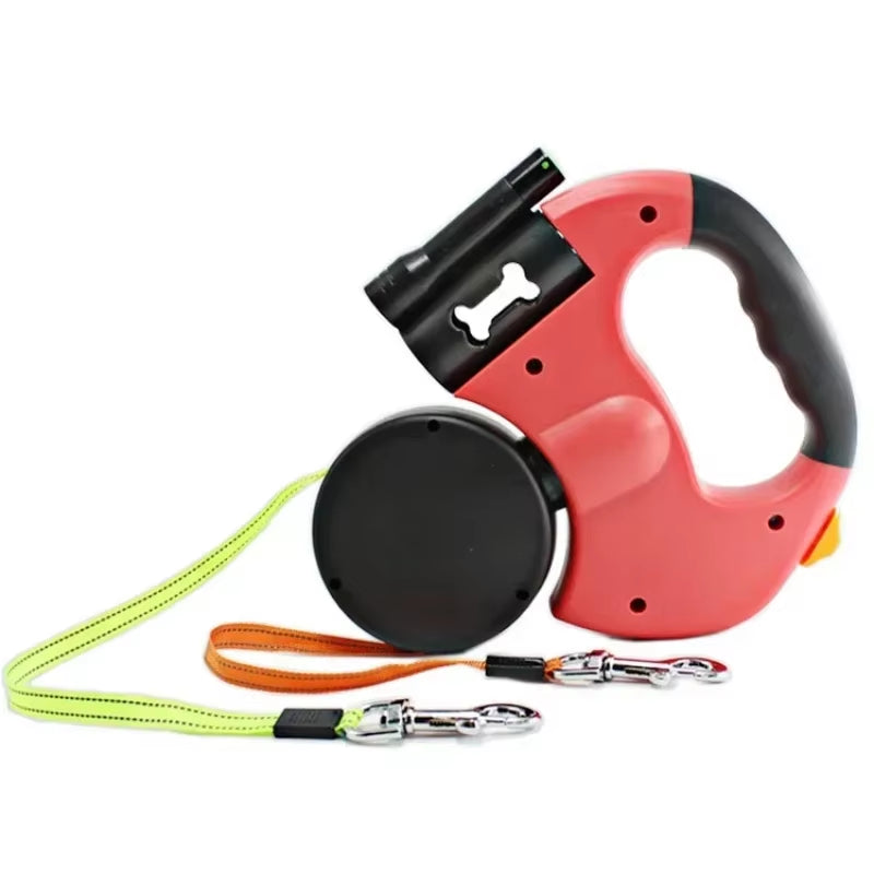 LED Retractable Double Dog Leash – 3M Tangle-Free with Waste Bag Holder