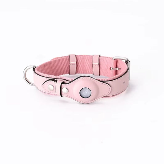 Luxury Leather Dog Collar with AirTag Holder – Adjustable & Anti-Lost