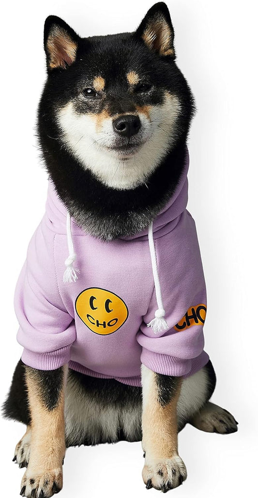 Smiley Face Dog Hoodie – Warm Cotton Sweatshirt with Velvet Lining for Small, Medium & Large Dogs – Leash Hole, Street Style Pet Outfit (Purple, M)