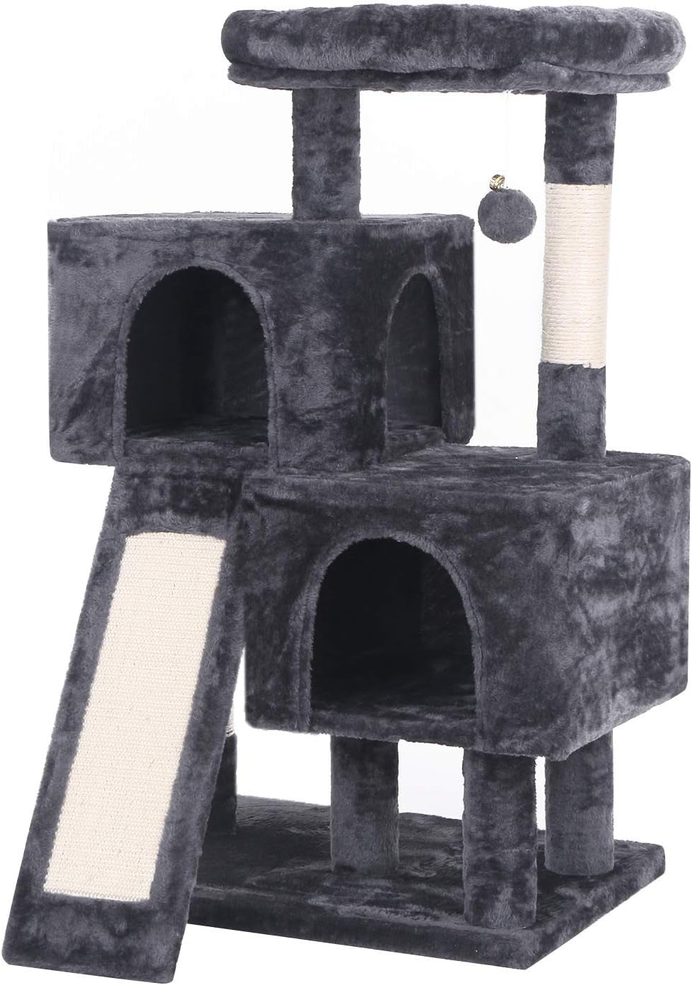 Cat Tree Condo with Sisal Scratching Posts & Board – Plush Perch, Dual Houses & Activity Center for Kittens & Cats – Grey