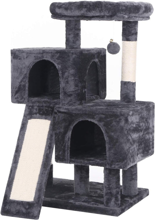 Cat Tree Condo with Sisal Scratching Posts & Board – Plush Perch, Dual Houses & Activity Center for Kittens & Cats – Grey