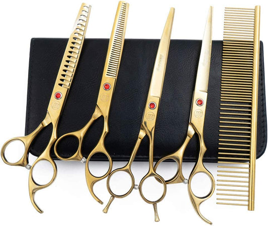 Professional Dog Grooming Scissors Set – 7"/8" Chunkers, Curved, Straight & Thinning Shears + Grooming Comb – Japanese 440C Steel, Ergonomic Design