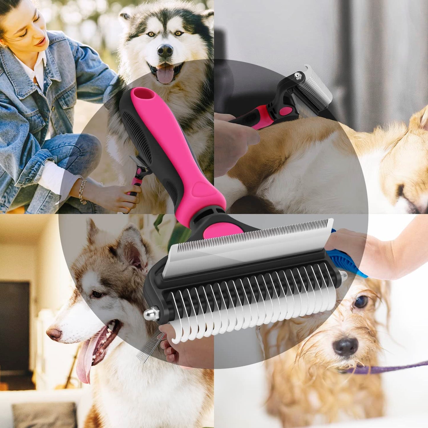 2-in-1 Dog & Cat Grooming Brush – Undercoat Rake & Deshedding Comb – Removes Mats, Tangles & Loose Fur – For Long & Short Hair Pets