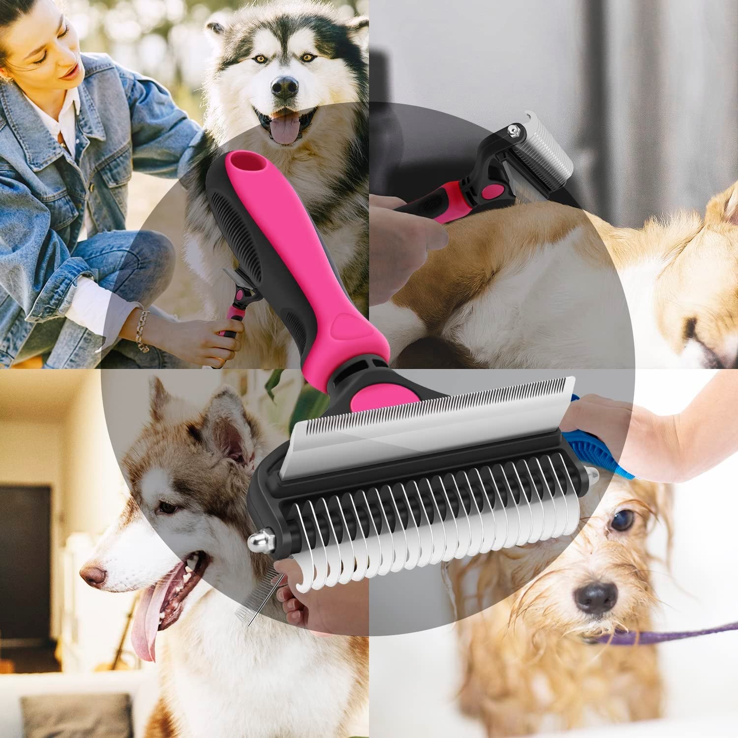 2-in-1 Dog & Cat Grooming Brush – Undercoat Rake & Deshedding Comb – Removes Mats, Tangles & Loose Fur – For Long & Short Hair Pets