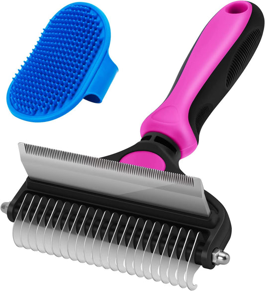 2-in-1 Dog & Cat Grooming Brush – Undercoat Rake & Deshedding Comb – Removes Mats, Tangles & Loose Fur – For Long & Short Hair Pets