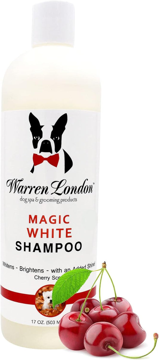 Warren London Magic White Dog Shampoo – Whitening for White & Light Coats – Safe for Dogs, Puppies & Cats – Cherry Scent – 17 oz – Made in USA