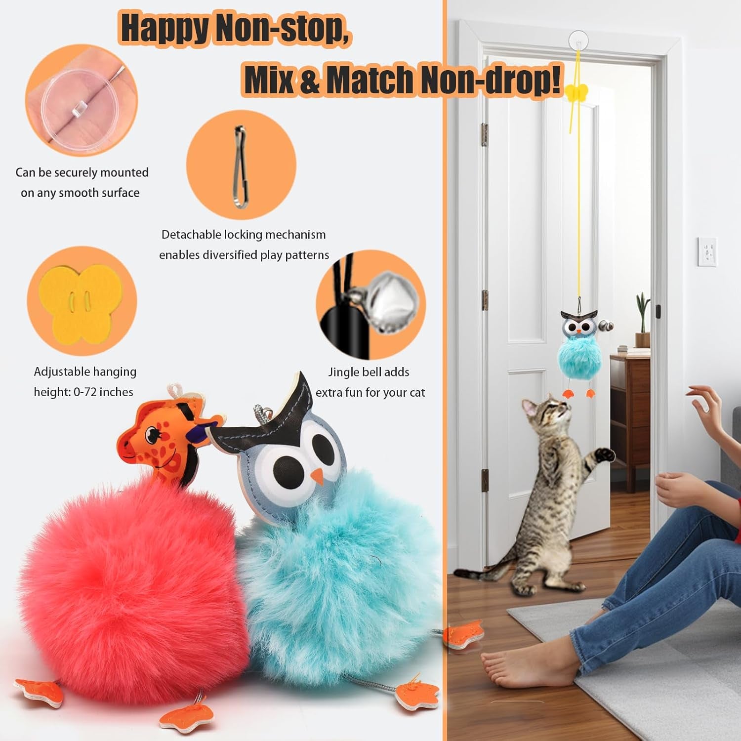 4-in-1 Interactive Cat Toy Set – Suction Cup Wand, Hanging Toys, Fishing Pole Wand & Balls with Replaceable Feathers, Worms & Plush Animals for Indoor Exercise & Boredom Relief