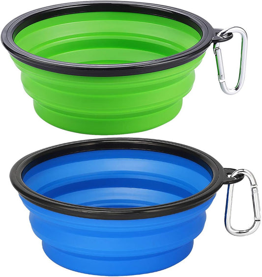 Collapsible Dog Bowls 2-Pack (34oz) – Portable Foldable Pet Travel Bowls with Clasp for Food & Water – Kytely (Blue & Green)