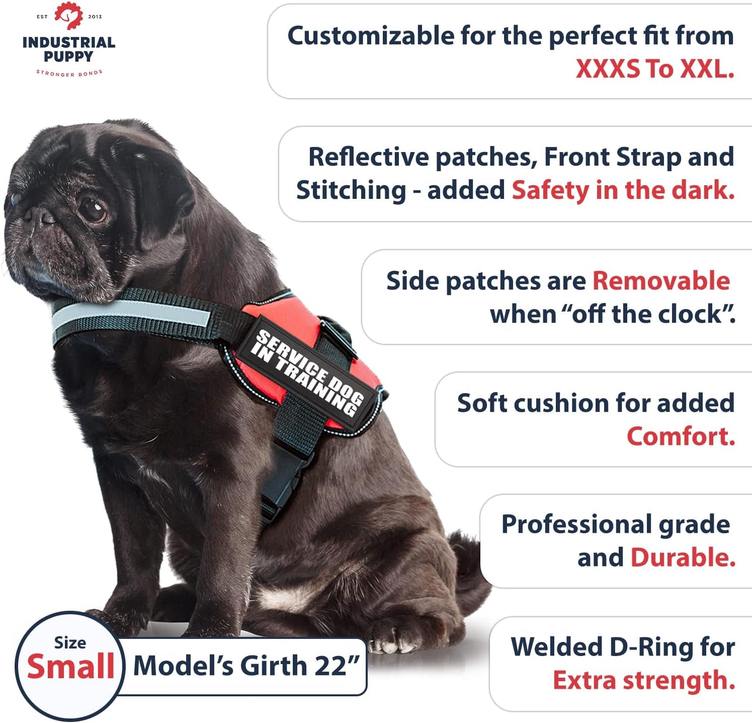Service Dog in Training Vest with Handle – Reflective Harness with Hook & Loop Straps, Removable Patches & Mesh Lining (XXS–XXL)
