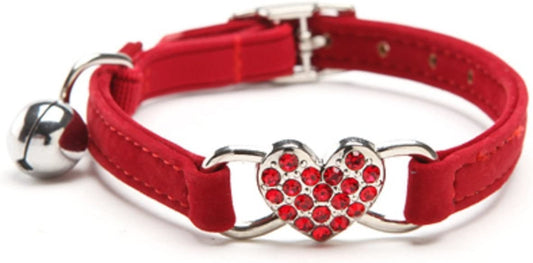 Soft Velvet Cat Collar with Crystal Heart Charm & Bell – Adjustable Safety Design for Cats & Small Dogs (Red, 8–11 in)