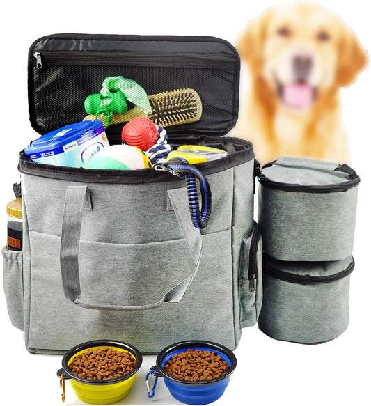Dog Travel Bag – Airline Approved with Food Containers & Collapsible Bowls (Grey)