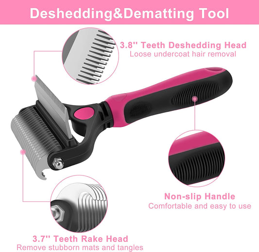 2-in-1 Dog & Cat Grooming Brush – Undercoat Rake & Deshedding Comb – Removes Mats, Tangles & Loose Fur – For Long & Short Hair Pets