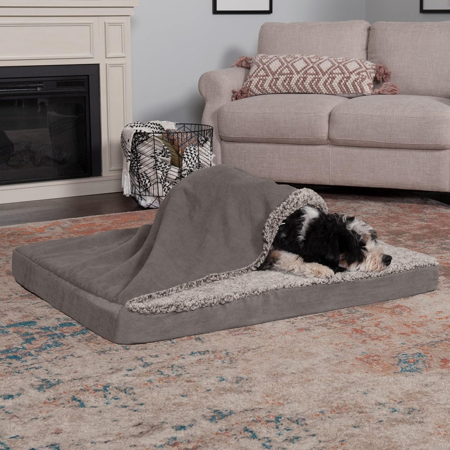 Orthopedic Dog Bed – Large with Removable Washable Cover, Berber & Suede Blanket Top, for Dogs up to 55 lbs (Gray)