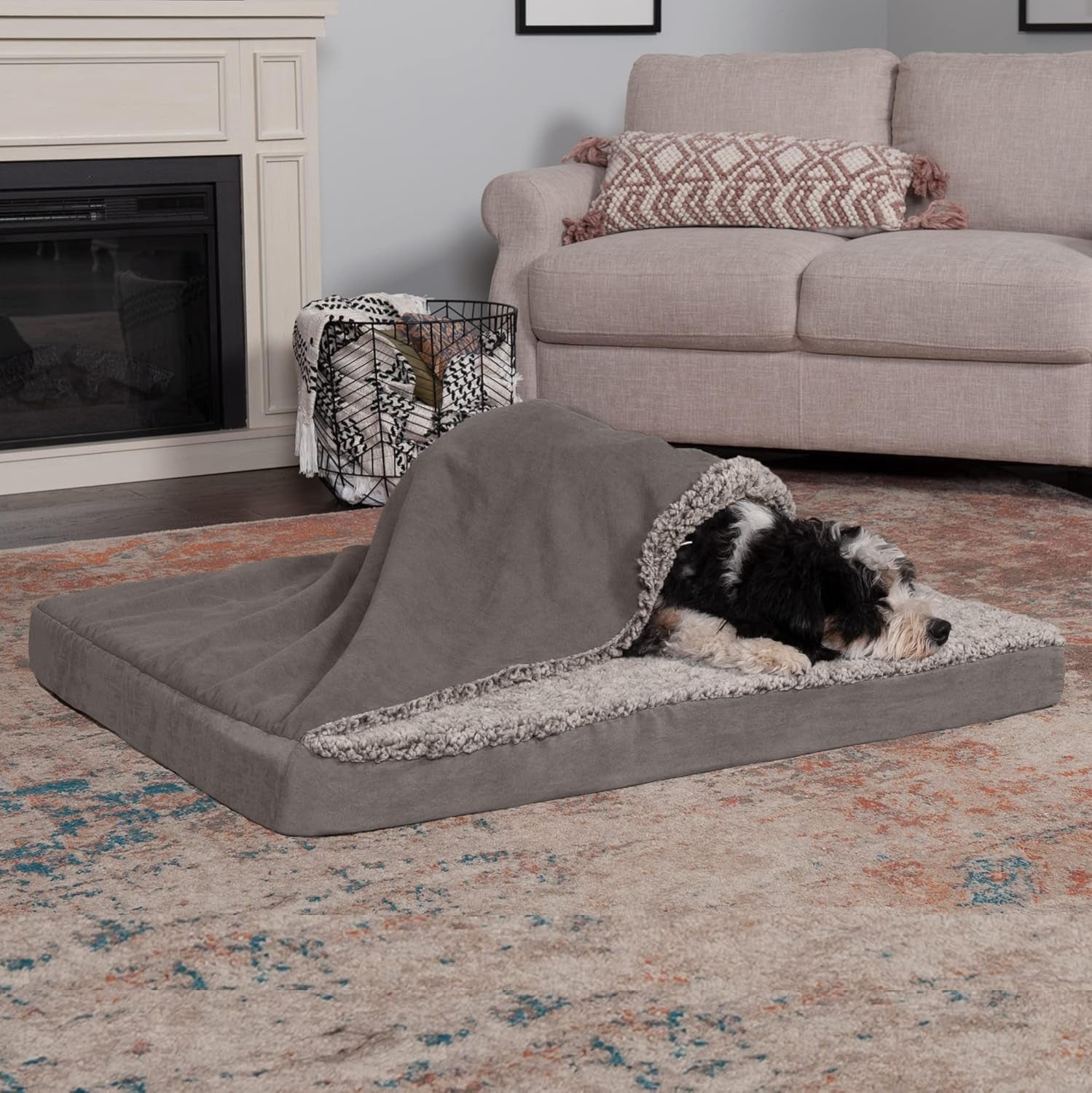 Orthopedic Dog Bed – Large with Removable Washable Cover, Berber & Suede Blanket Top, for Dogs up to 55 lbs (Gray)