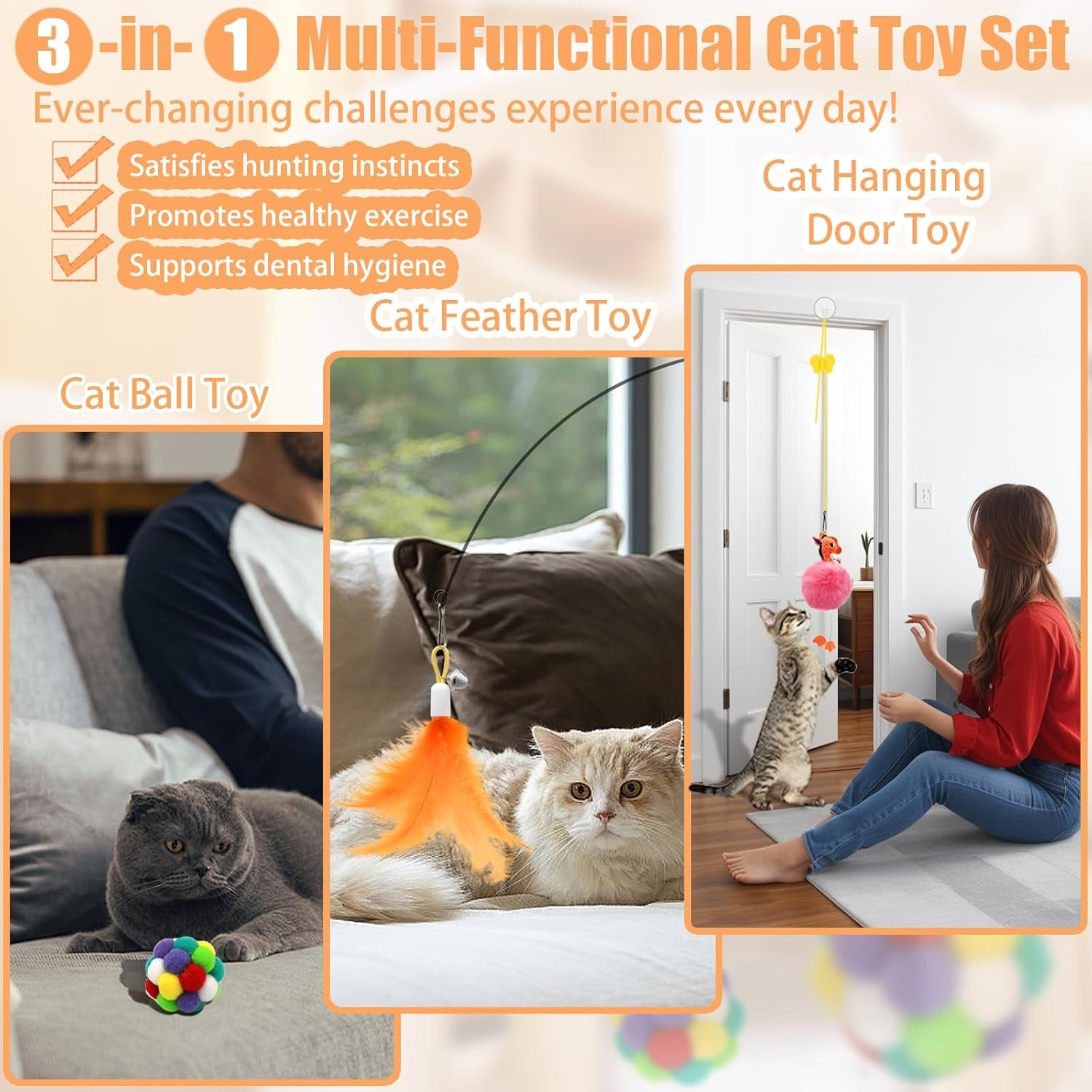 4-in-1 Interactive Cat Toy Set – Suction Cup Wand, Hanging Toys, Fishing Pole Wand & Balls with Replaceable Feathers, Worms & Plush Animals for Indoor Exercise & Boredom Relief