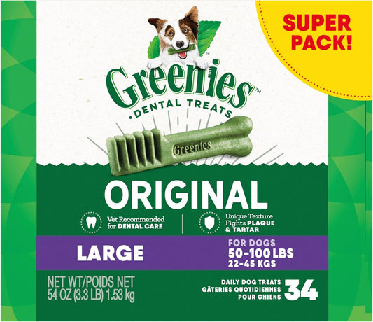 Greenies Original Large Dental Dog Treats – 54 oz Pack (34 Chews) – VOHC Approved Oral Care
