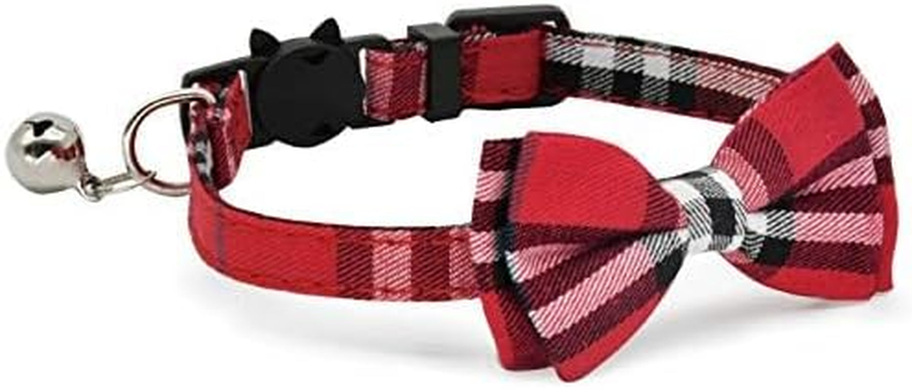 2-Pack Adjustable Plaid Cat Collars with Bow Tie & Bell – Breakaway Safety Buckle for Cats & Small Dogs (Black + Red, 7.8–10.5 in)