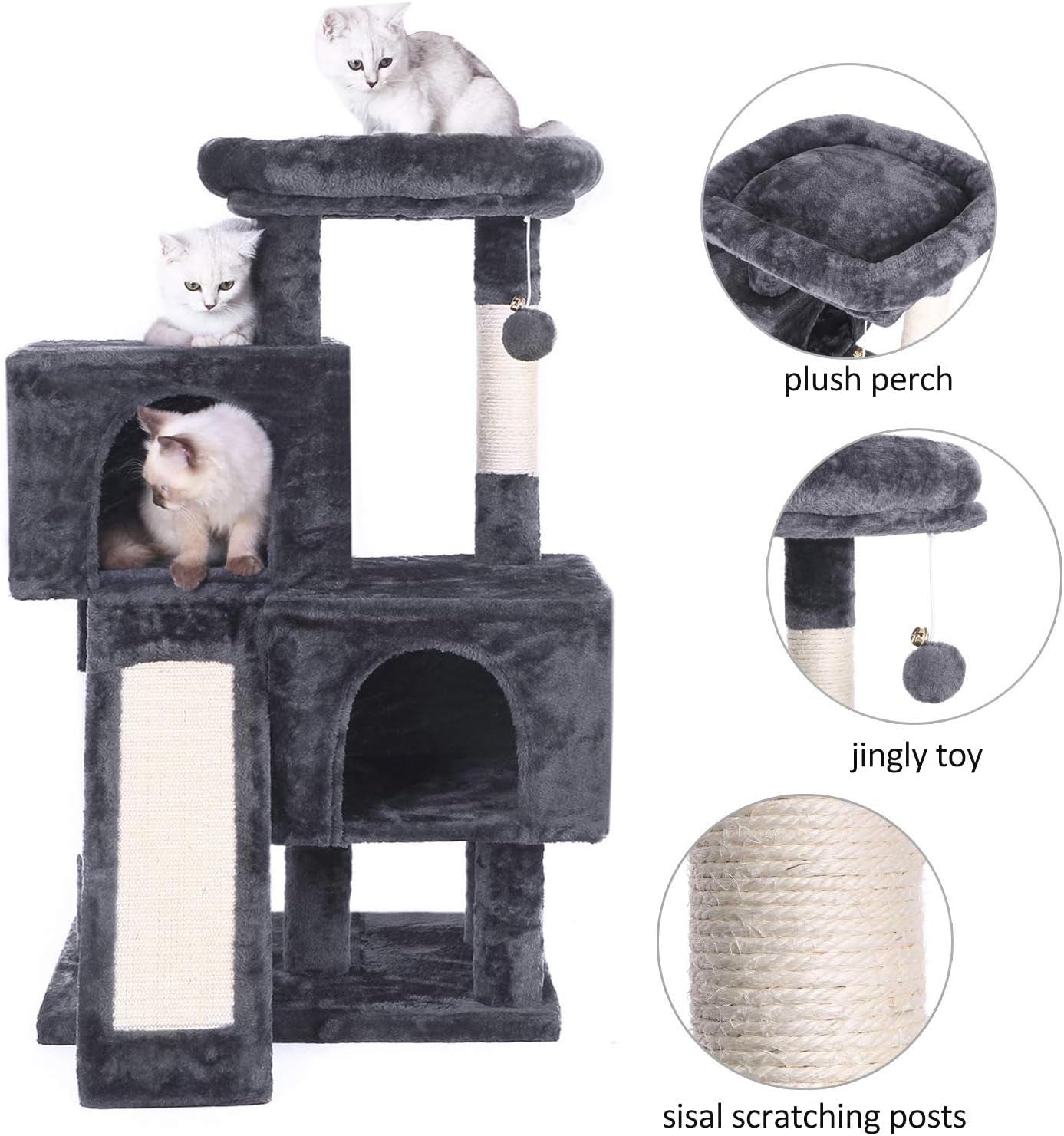 Cat Tree Condo with Sisal Scratching Posts & Board – Plush Perch, Dual Houses & Activity Center for Kittens & Cats – Grey