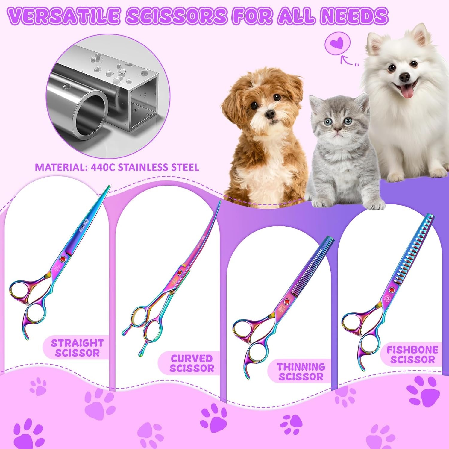 Professional Dog Grooming Scissors Set – 7"/8" Japanese Steel Shears – Straight, Curved, Thinning & Chunkers + Grooming Comb