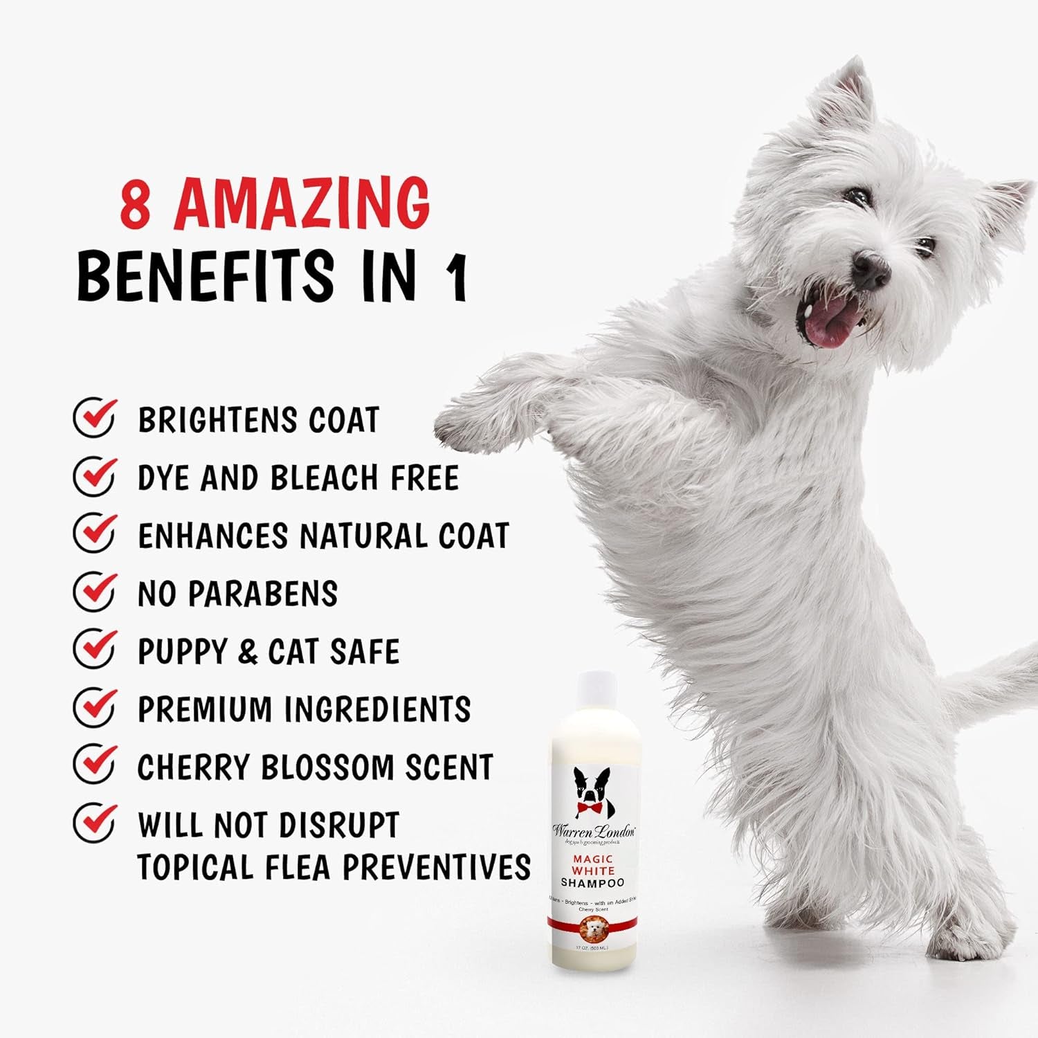 Warren London Magic White Dog Shampoo – Whitening for White & Light Coats – Safe for Dogs, Puppies & Cats – Cherry Scent – 17 oz – Made in USA