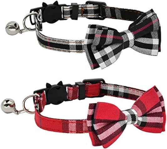 2-Pack Adjustable Plaid Cat Collars with Bow Tie & Bell – Breakaway Safety Buckle for Cats & Small Dogs (Black + Red, 7.8–10.5 in)