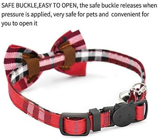 2-Pack Adjustable Plaid Cat Collars with Bow Tie & Bell – Breakaway Safety Buckle for Cats & Small Dogs (Black + Red, 7.8–10.5 in)