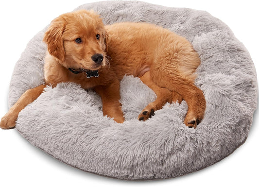 Small Light Grey Calming Orthopedic Dog Bed – Anti-Anxiety Donut Bed for Dogs up to 25 lbs – Joint Support, Washable, Faux Fur Comfort