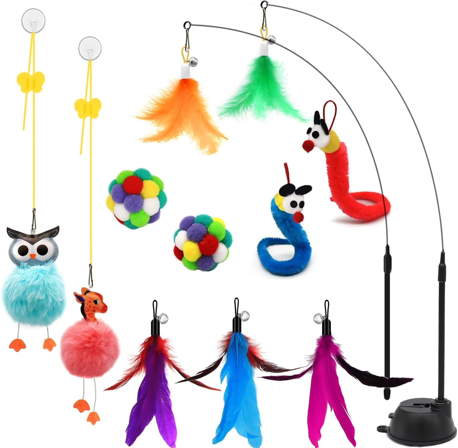 4-in-1 Interactive Cat Toy Set – Suction Cup Wand, Hanging Toys, Fishing Pole Wand & Balls with Replaceable Feathers, Worms & Plush Animals for Indoor Exercise & Boredom Relief