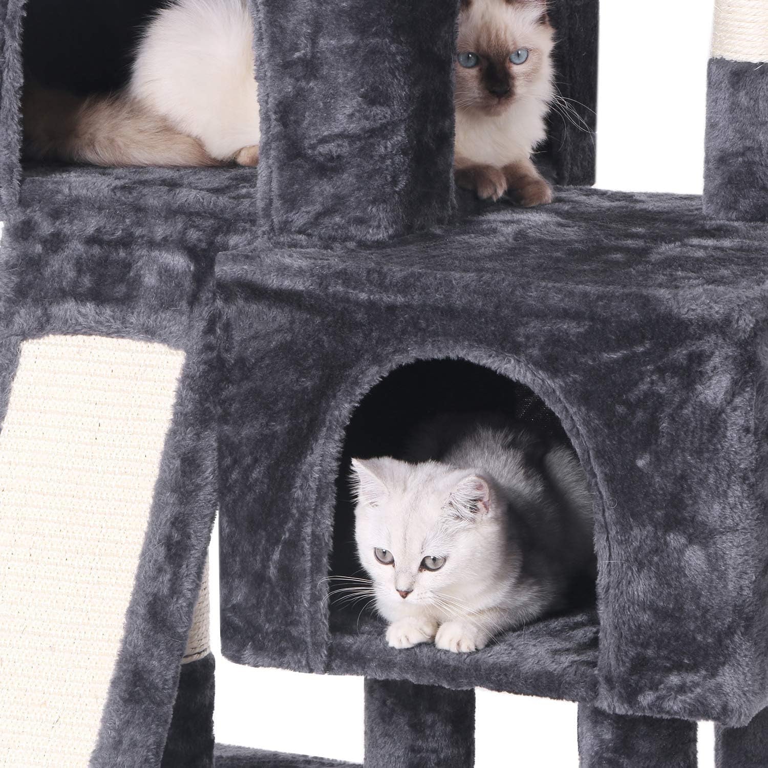 Cat Tree Condo with Sisal Scratching Posts & Board – Plush Perch, Dual Houses & Activity Center for Kittens & Cats – Grey