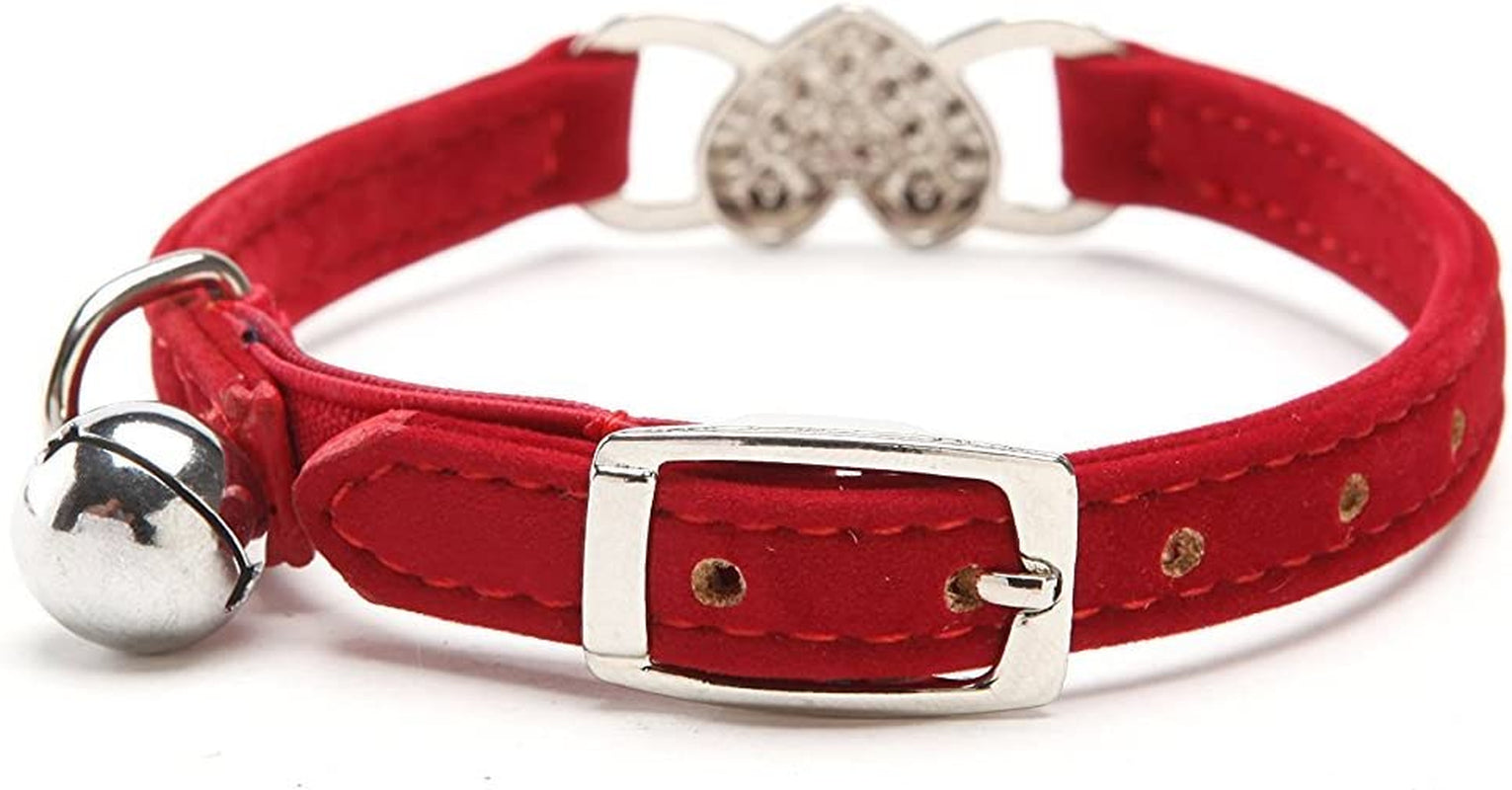Soft Velvet Cat Collar with Crystal Heart Charm & Bell – Adjustable Safety Design for Cats & Small Dogs (Red, 8–11 in)